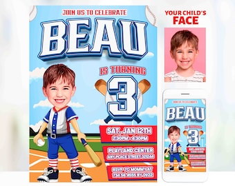 Cartoon Baseball Birthday Invitation with Photo (Digital Download)