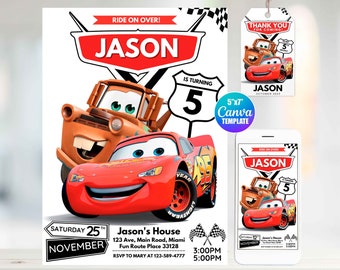Editable Cars Birthday Invitation, Canva Template, Mobile Size, Label Tag "thank you" Mater, Mcqueen