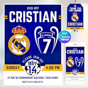 Convite de aniversário editável do Real Madrid, modelo Canva, tamanho para celular, etiqueta "obrigado"