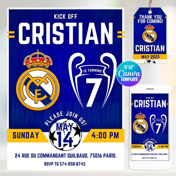 Editable Real Madrid Birthday Invitation, Canva Template, Mobile Size, Label Tag "thank you"