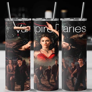 May include: Three stainless steel tumblers with a black and white image of characters from the TV show "The Vampire Diaries". The tumblers have the words "The Vampire Diaries" printed on them.