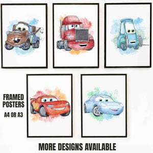 Gerahmte Autos Filmplakat, Aquarell Autos gerahmtes Plakat, Gedruckte Autos Wandkunst Dekor, Racing Kinder Wandkunst, Mcqueen Plakat, Mater Plakat