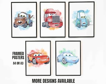 Framed Cars Movie Poster, Watercolor Cars Framed Poster, Printed Cars Wall Art Decor, Racing Kids Wall Art, Mcqueen Poster, Mater Poster