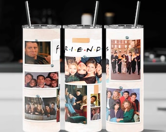 May include: Three stainless steel tumblers with a white background and images of the cast of the TV show "Friends". The tumblers have a straw and a lid. The text "FRIENDS" is printed on the tumblers.