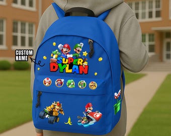Mario Personalized School Backpack with Name – Kids Mario Backpack – Mario Back to School Gift