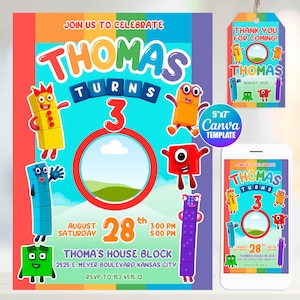 Numberblocks Birthday Invitation with photo, Canva Template, Mobile Size, Label Tag &quot;thank you&quot;
