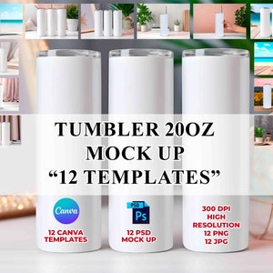 May include: A mockup of 12 white 20 oz tumblers in various settings. The tumblers are blank and ready for customisation. The text "TUMBLER 20OZ MOCK UP "12 TEMPLATES" is displayed on the image. The image also includes the text "12 CANVA TEMPLATES", "12 PSD MOCK UP", and "300 DPI HIGH RESOLUTION 12 PNG 12 JPG".