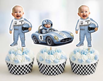 Custom Photo Racing Driver Cupcake Toppers: Fast One Theme Light Blue, Two Fast Racing Toppers