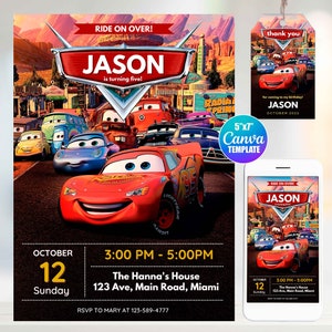 Editable Cars Birthday Invitation, Canva Template, Mobile Size, Label Tag "thank you" Mater, Mcqueen