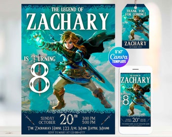 Editable The Legend of Zelda Birthday Invitation, Canva Template, Mobile Size, Label Tag "thank you"