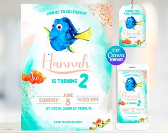 Watercolor Finding Dory Birthday Invitation, Canva Template, Mobile Size, Label Tag "thank you"
