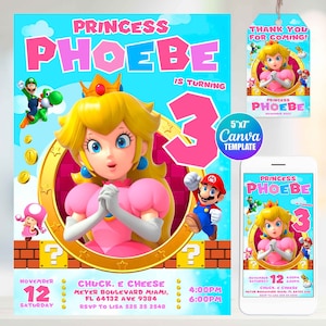 Prinses Peach uitnodiging, prinses verjaardag uitnodigen, Canva sjabloon, Super Mario Bros, Super Mario Princess verjaardag