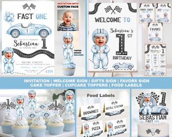 Fast One Birthday Invitation: Race Car Theme, Bundle Party Pack Custom Photo Little Driver Theme Milestone, Cupcake Toppers, Food Labels