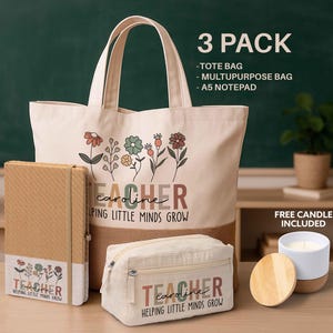 Gepersonaliseerde cadeauset leraar – boho bloementas, tas met ritssluiting, A5-notitieboekje en kaars