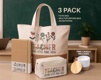 Personalized Teacher Gift Set – Boho Floral Tote, Zipper Bag, A5 Notebook & Candle