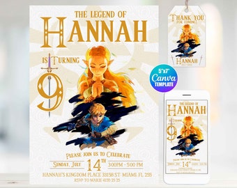 Editable The Legend of Zelda Birthday Invitation, Canva Template, Mobile Size, Label Tag "thank you"