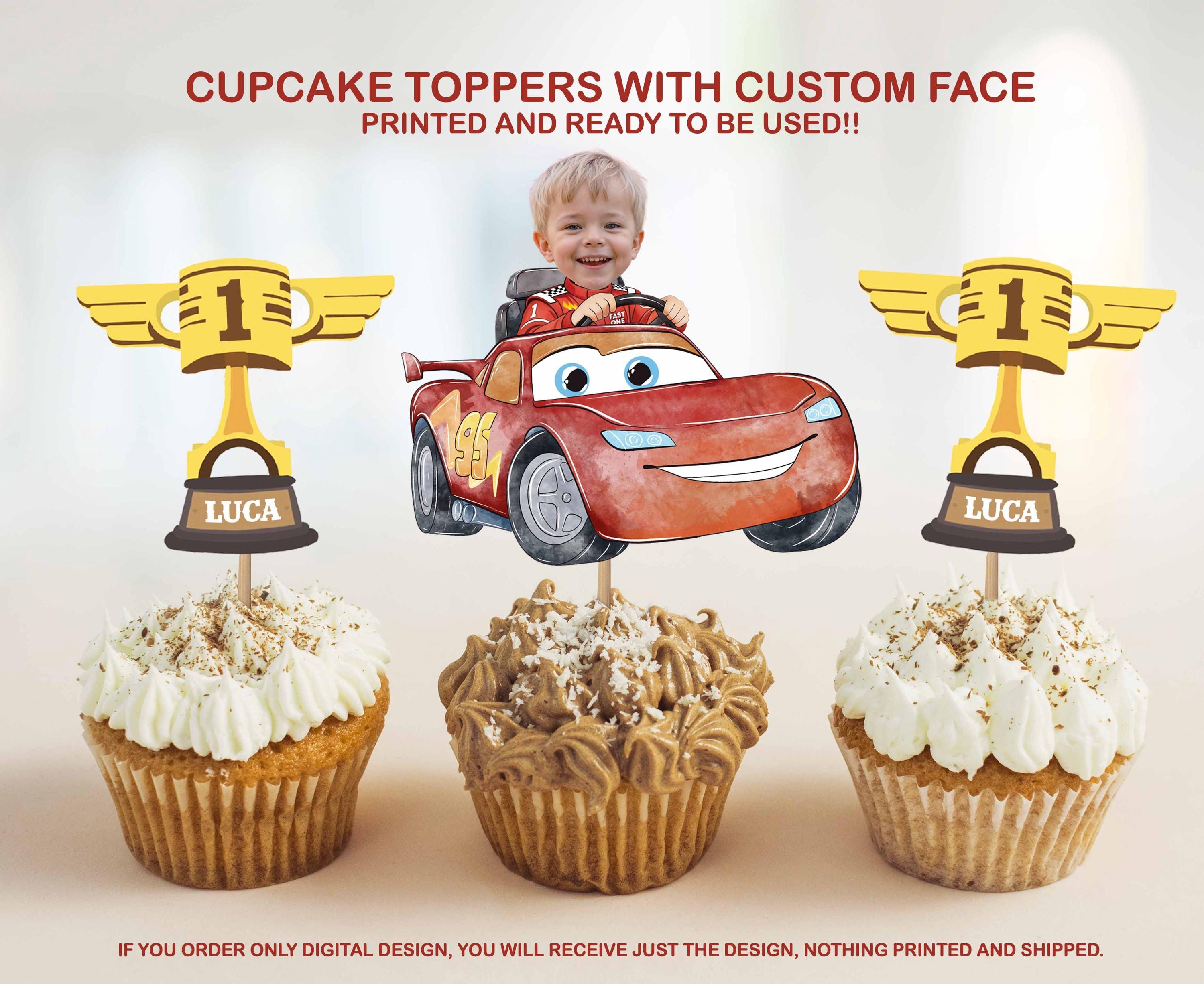 Cars Printed Custom Face Cupcake Toppers – Race Car Birthday Theme ...