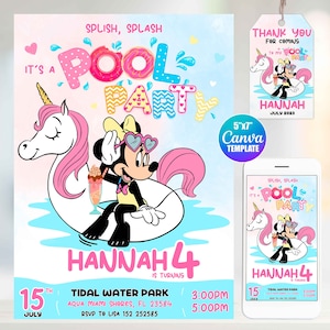 Invitación de cumpleaños editable de Minnie Mouse, plantilla de Canva, tamaño móvil, etiqueta con la frase &quot;gracias&quot; Fiesta en la piscina