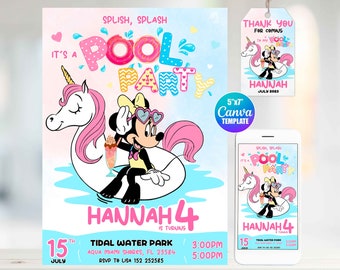 Editable Minnie Mouse Birthday Invitation, Canva Template, Mobile Size, Label Tag "thank you" Pool Party