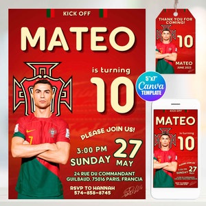 Faire-part d'anniversaire Cr7 Cristiano Portugal, modèle de toile, taille mobile, étiquette « merci »