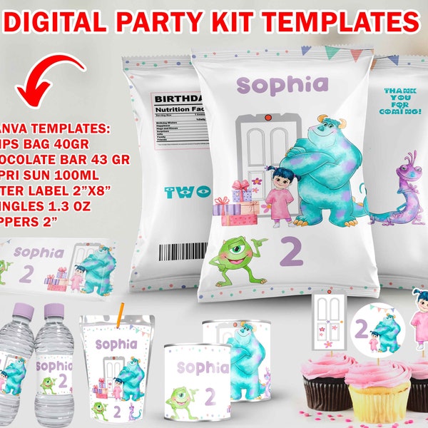 Watercolor Monsters INC Chips Bag, Capri Sun, Water Label, Pringles, Cupcake Topper, Chocolate Bar, Banner, Canva Template