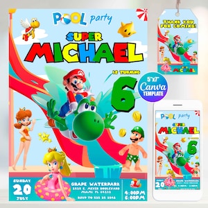 Super Mario Pool Party Birthday Invitation, Canva Template, Mobile Size, Label Tag &quot;thank you&quot;