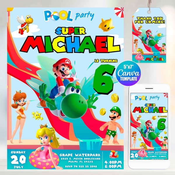 Super Mario Pool Party Geburtstagseinladung, Canva Template, Mobile Größe, Label Tag "Danke"
