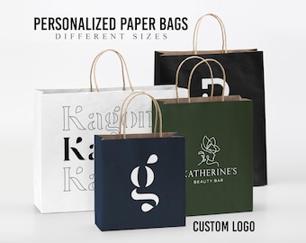 Gepersonaliseerde papieren zakken met logo – gepersonaliseerde kraft-boodschappentassen – milieuvriendelijke cadeauzakjes voor boetiek, bruiloft of klein bedrijf