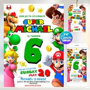 Super Mario Geburtstagseinladung, Canva Template, Mobile Size, Label Tag "thank you"