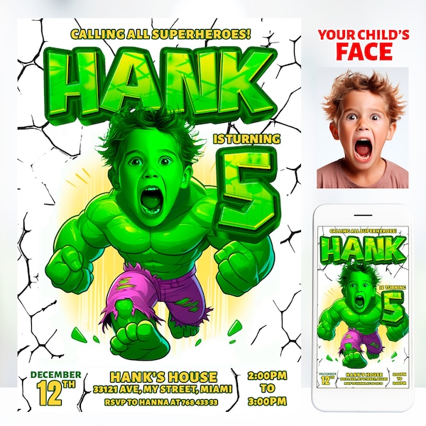 Faire-part photo d'anniversaire Hulk, photo personnalisée Hulk, dessin animé visage Hulk