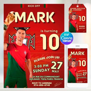 Cr7 Cristiano Portugal Birthday Invitation, Canva Template, Mobile Size, Label Tag "thank you"