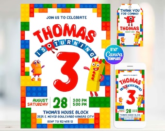 Numberblocks Birthday Invitation, Canva Template, Mobile Size, Label Tag "thank you"