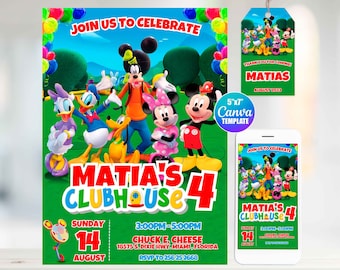 Invitación de cumpleaños de Mickey Mouse, plantilla de Canva, tamaño móvil, etiqueta "gracias"