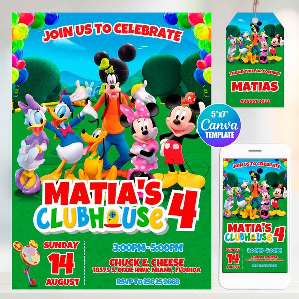 Mickey Mouse Birthday Invitation, Canva Template, Mobile Size, Label Tag "thank you"