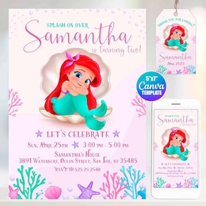 Editable The Little Mermaid Birthday Invitation, Canva Template, Mobile Size, Label Tag "thank you"