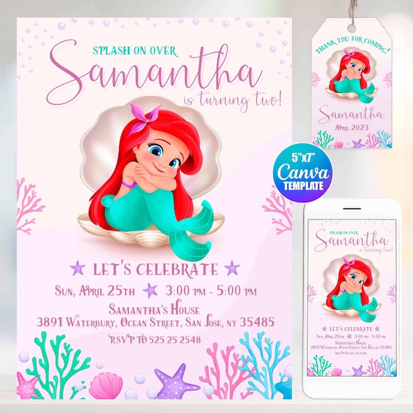 Editable The Little Mermaid Birthday Invitation, Canva Template, Mobile Size, Label Tag "thank you"