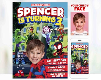 May include: A personalized birthday invitation featuring a cartoon image of Spider-Man and other superheroes. The invitation is for a child named Spencer who is turning three. The invitation includes the date, time, and location of the party. The text "Calling all superheroes" is at the top of the invitation.