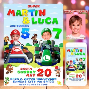 Super Mario Brothers Siblings Birthday Photo Invitation, Custom Photo Luigi Mario Kart, Digital File