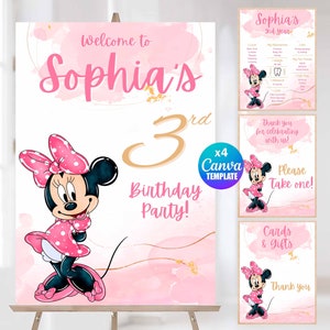 Watercolor Minnie Welcome Sign, Favors & Gifts Sign, Milestone Board Canva Template