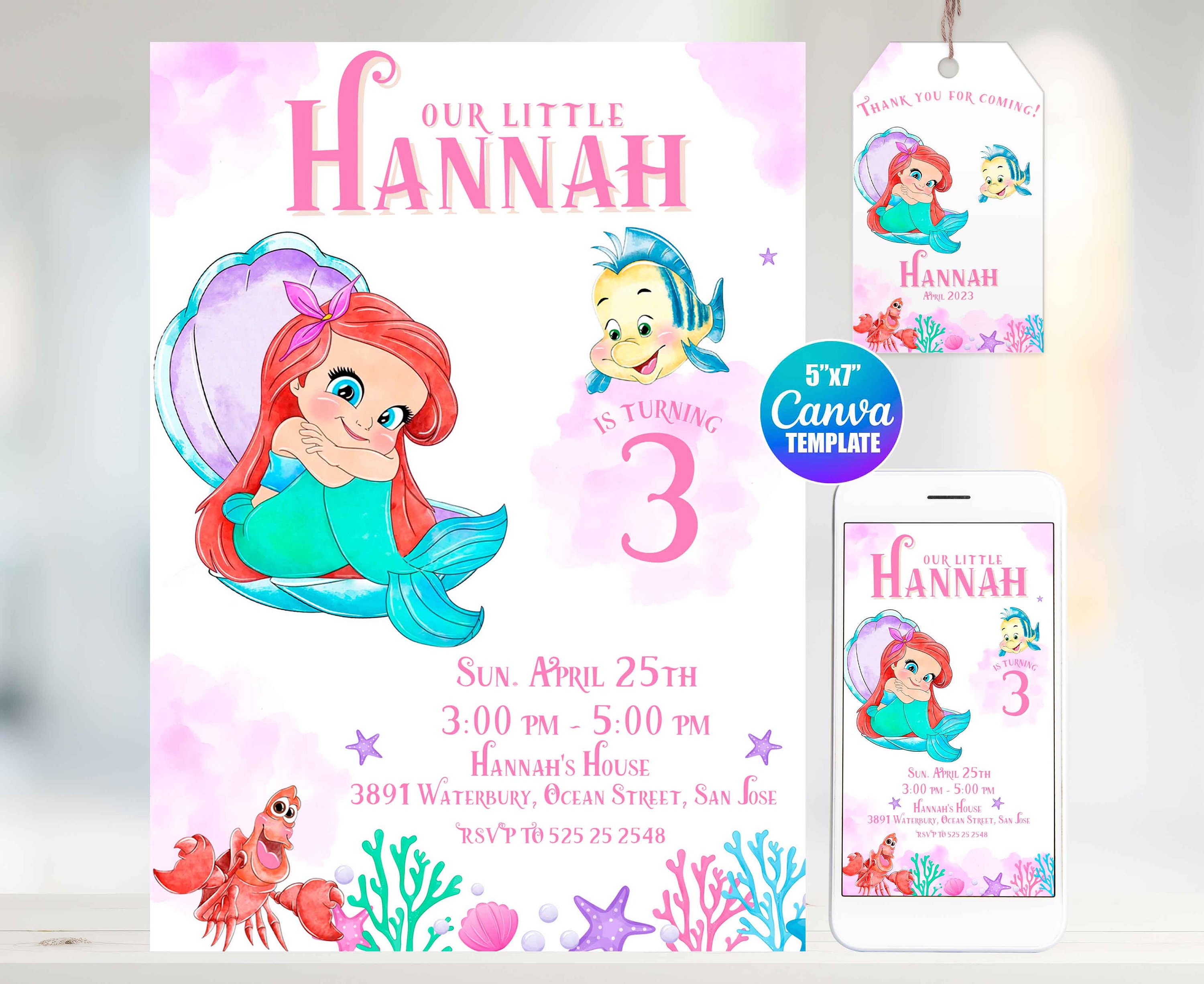 Watercolor the Little Mermaid Birthday Invitation, Canva Template, Mobile  Size, Label Tag \, image size:3000x2453
