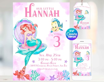 May include: A pink and blue birthday invitation for a girl turning three. The invitation features a mermaid with red hair sitting on a seashell. The text on the invitation reads "Our Little Hannah is turning 3" and includes the date, time, and location of the party.