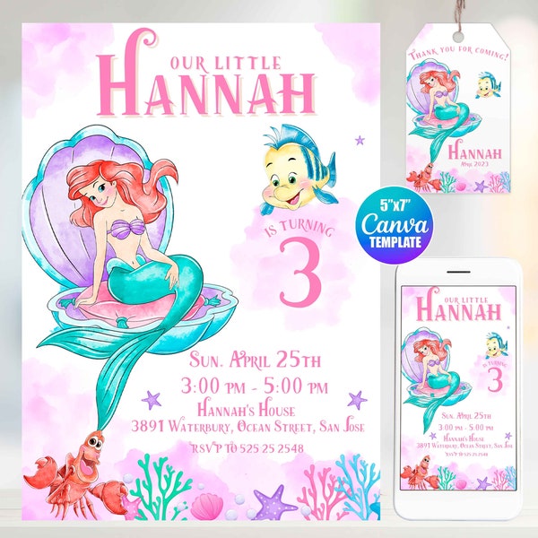 Editable The Little Mermaid Birthday Invitation, Canva Template, Mobile Size, Label Tag "thank you"