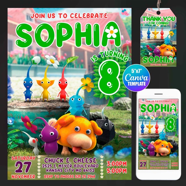 Pikmin Birthday Invitation, Pikmin Party Invite, Digital Invitation Instant Download Canva Template