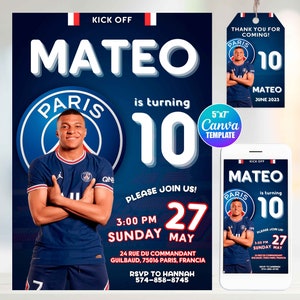Faire-part d'anniversaire PSG Mbappe, modèle sur toile, taille mobile, étiquette « merci » football
