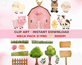 Watercolor Pink Cute Farm Clipart, Farm Animals Watercolor Digital Clipart Pink