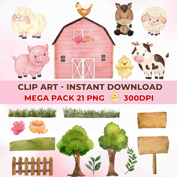 Watercolor Pink Cute Farm Clipart, Farm Animals Watercolor Digital Clipart Pink