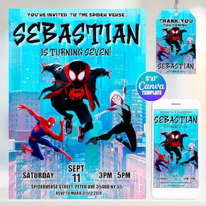 Spider Verse Birthday Invitation, Canva Template, Mobile Size, Label Tag &quot;thank you&quot; Spiderman