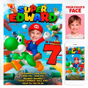 Super Mario Bros verjaardag foto uitnodiging, aangepaste foto, Mario Kart, Luigi, Peach, digitaal bestand