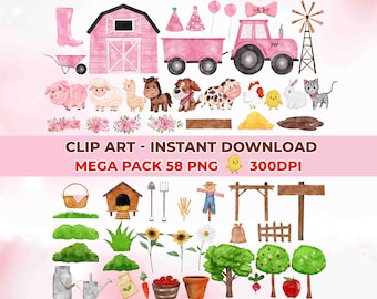 Clipart de animales de granja en acuarela rosa, 58 PNG (descarga digital)