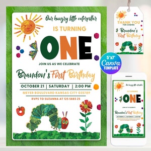 May include: A green and white invitation for a first birthday party. The invitation features a cartoon caterpillar, a sun, and the words "Our hungry little caterpillar is turning one." The invitation also includes the text "Brandon's First Birthday" and the date and time of the party.